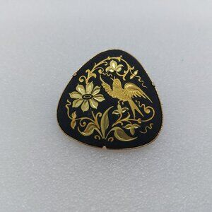 Vintage Damascene Brooch Gold Tone Bird Floral Design On Black
